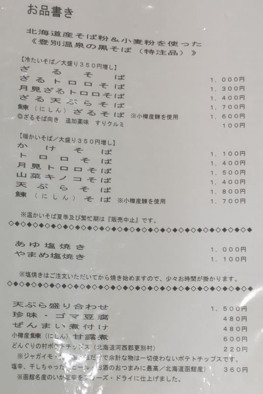 お品書きを撮影した写真