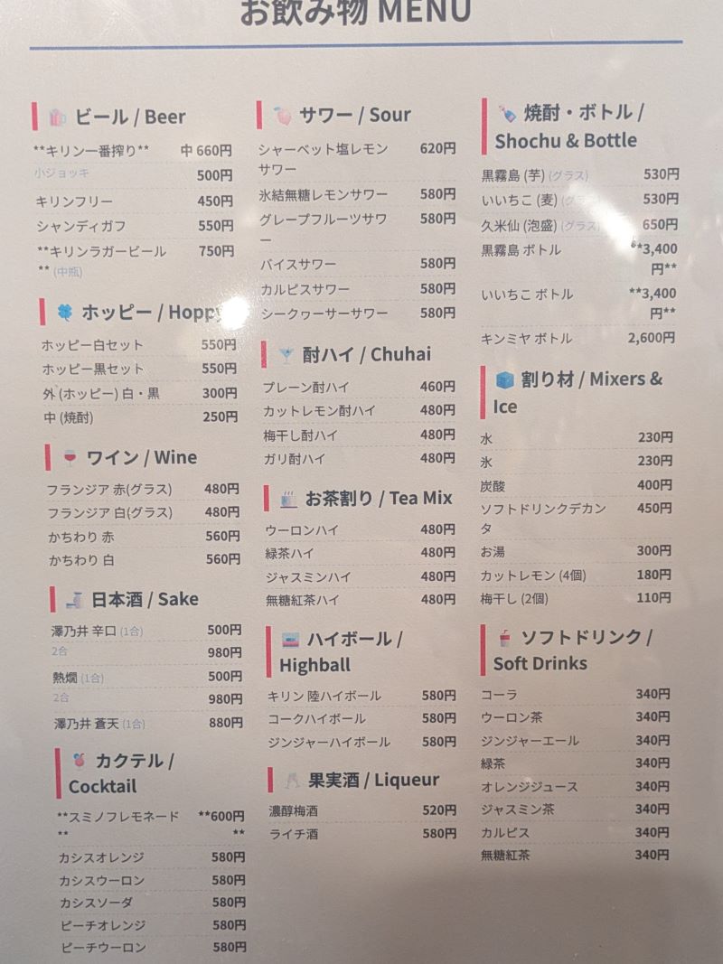 お飲み物メニューを撮影した写真