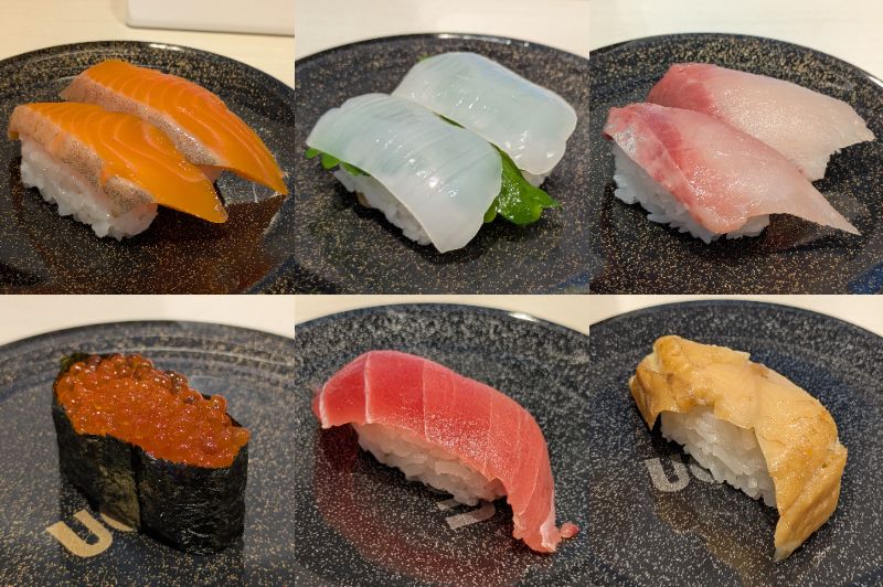 左上から、サーモン、こういか、はまち、いくら、南まぐろ中とろ、ふわとろあなご